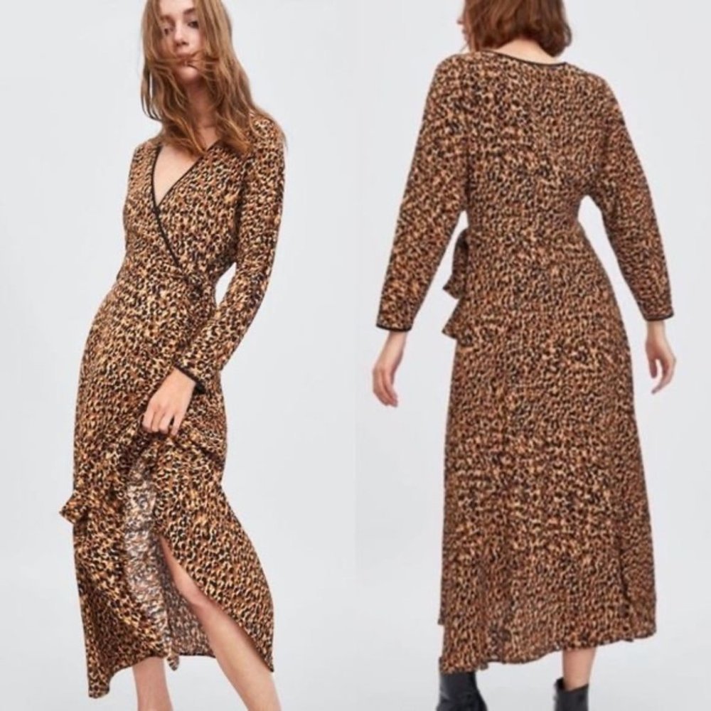 Zara TRF Leopard Print Midi Wrap Dress Size Small NWOT